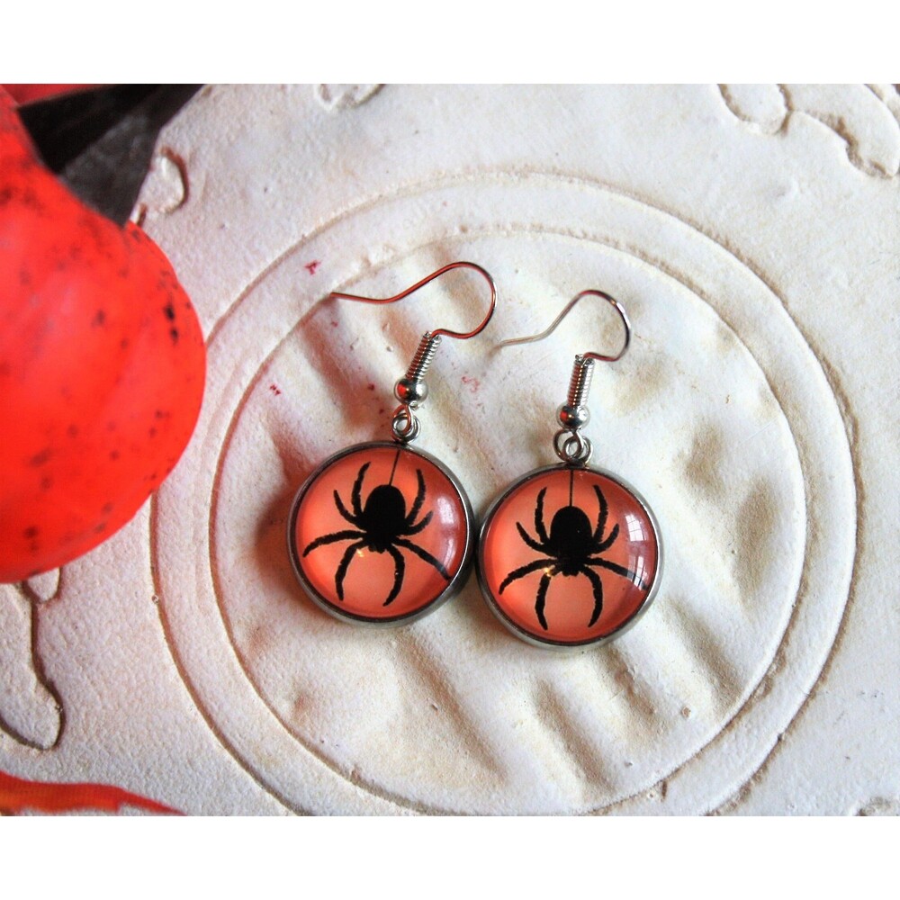 Black and Orange Halloween Earrings, Spider Dangles